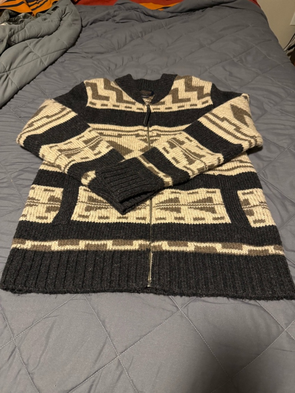 Pendleton charcoal and Cream Zip-Front Geometric Knit Sweater